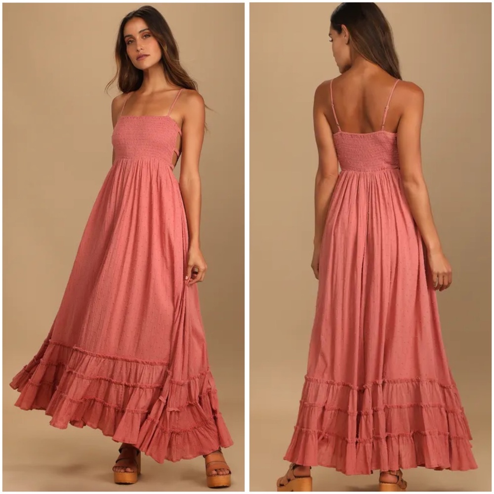 Serene Sunshine Rose Swiss Dot Smocked Cutout Tiered Maxi Dress | Lulus